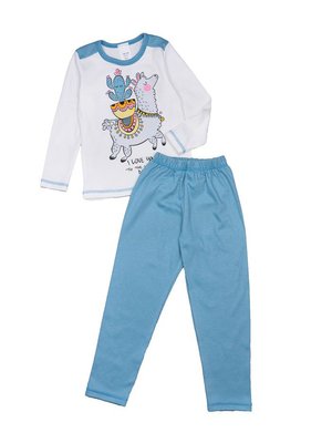 Пижама для девочки трикотажная, интерлок, хлопок, цвет молочный с бирюзовым, принт "Лама" 3208-110-98104 фото