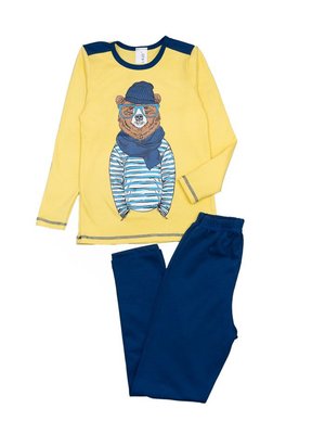 Піжама для хлопчика трикотажна, інтерлок, бавовна, колір жовтий з синім, принт "Ведмідь" 3206-110-128134 фото