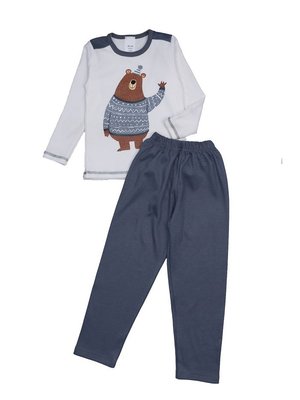 Піжама для хлопчика трикотажна, інтерлок, бавовна, колір молочний з сірим, принт "Ведмедик у светрі" 3209-110-98104 фото